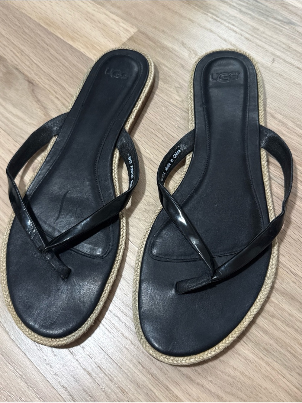 UGG Black Leather Thong Sandal, Size 10